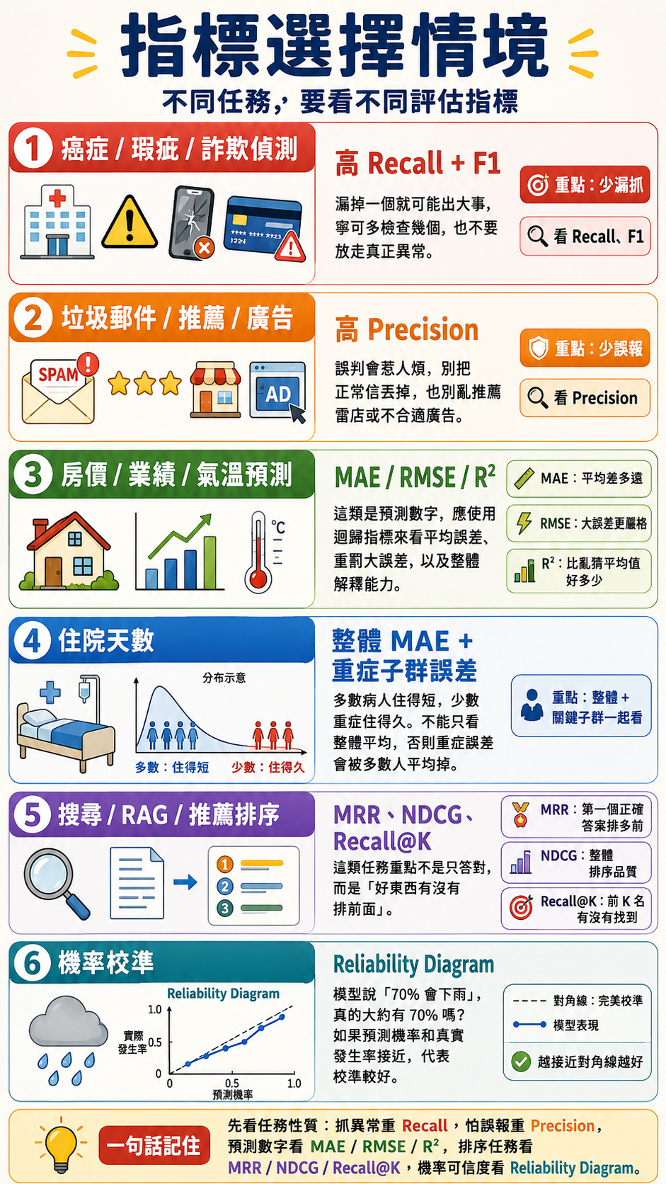 指標選擇情境圖解：① 癌症、瑕疵、詐欺偵測要高 Recall 加 F1，漏掉一個就可能出大事，寧可多檢查幾個也不要放走真正異常，重點是少漏抓；② 垃圾郵件、推薦、廣告要高 Precision，誤判會惹人煩，別把正常信丟掉也別亂推薦雷店或不合適廣告，重點是少誤報；③ 房價、業績、氣溫預測是預測數字，用迴歸指標 MAE 看平均差多遠、RMSE 對大誤差更嚴格、R² 看比亂猜平均值好多少；④ 住院天數要看整體 MAE 加重症子群誤差，多數病人住得短、少數重症住得久，不能只看整體平均否則重症誤差會被平均掉；⑤ 搜尋、RAG、推薦排序看 MRR 第一個正確答案排多前、NDCG 整體排序品質、Recall@K 前 K 名有沒有找到，重點不是只答對而是好東西有沒有排前面；⑥ 機率校準用 Reliability Diagram，模型說 70% 會下雨時真的大約有 70% 嗎，曲線越接近對角線代表校準越好